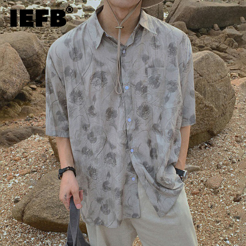 IEFB 남성용 꽃무늬 셔츠, 루즈 캐주얼 반팔, 싱글 브레스트 라펠, 니치 디자인, 트렌디 남성 의류, 2024, 여름, 9C5929