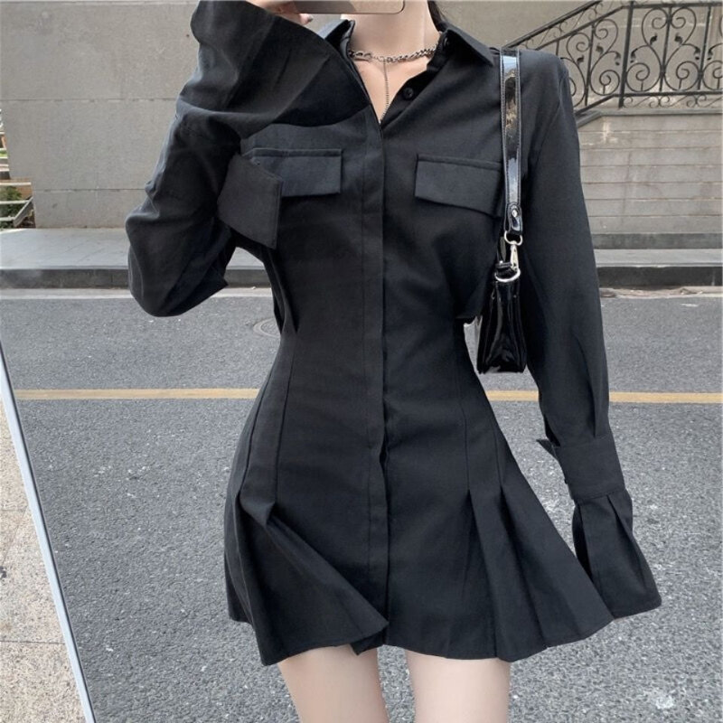Camisa preta Vestido Mulheres Elegante Vintage Manga Longa Vestidos Sexy Gothic Plissado Streetwear Turn-down Collar Casual Robe