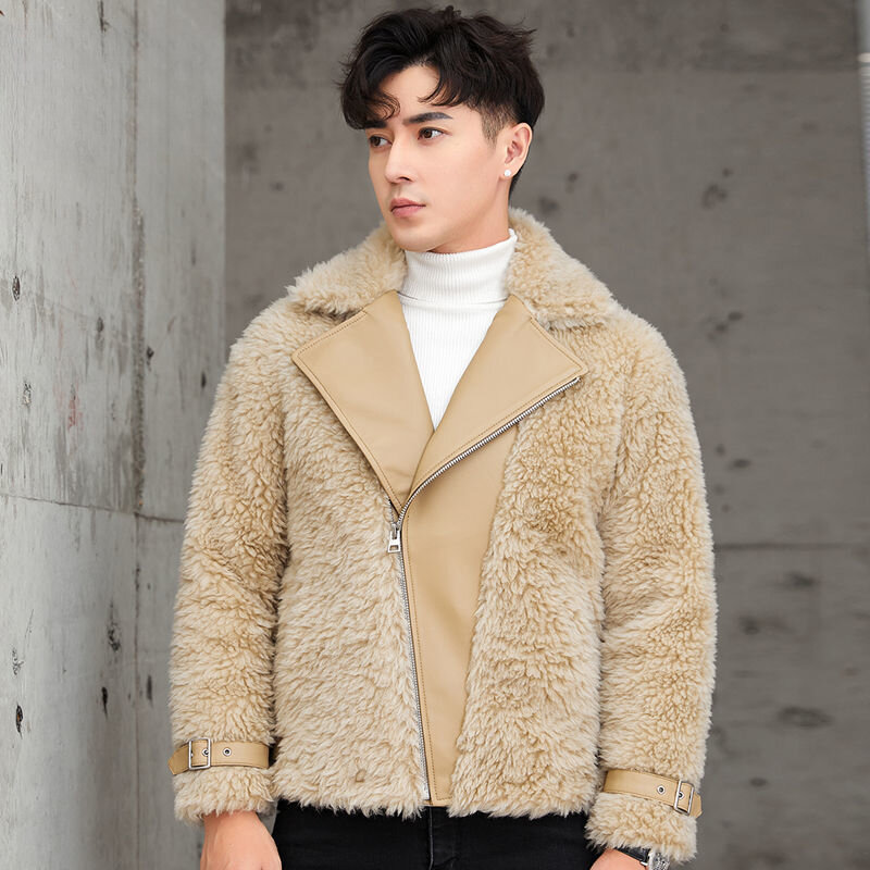 2023 Autumn Winter Men's Fashion Motorcycle Real Fur Coats Male Sheep Shearing Jackets Men Genuine Fur Warm Overcoats I514
