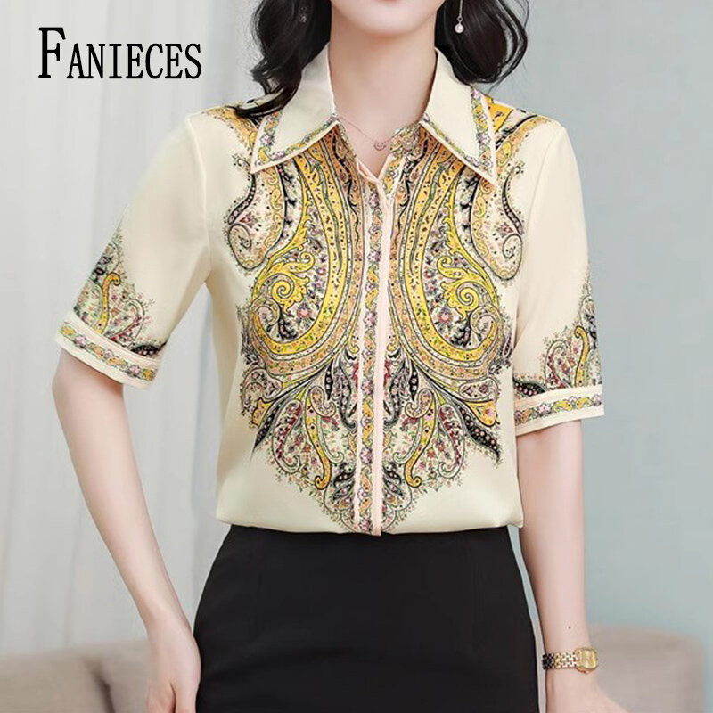 Элегантные шелковые женские рубашки FANIECES с коротким рукавом, летняя Офисная Женская модная блузка с принтом, повседневные блузки с отложным воротником