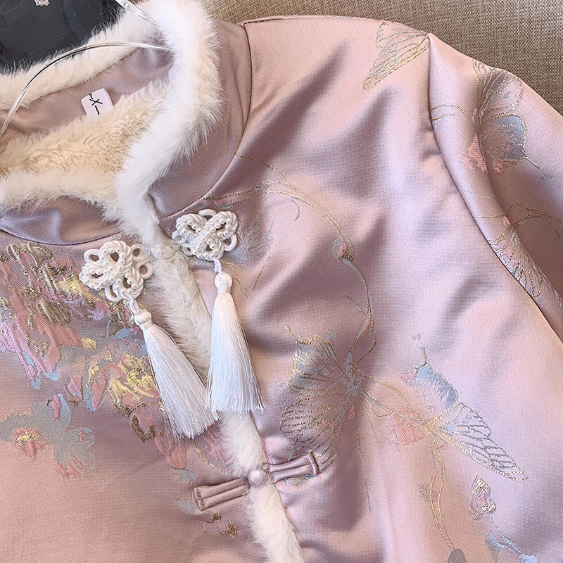 Guofeng-Casaco feminino Flower Tang, casaco de inverno, casaco de algodão, Casaco exterior luxuoso, roupa com estampa curta, colarinho, novo, vintage, Y2K, 2022