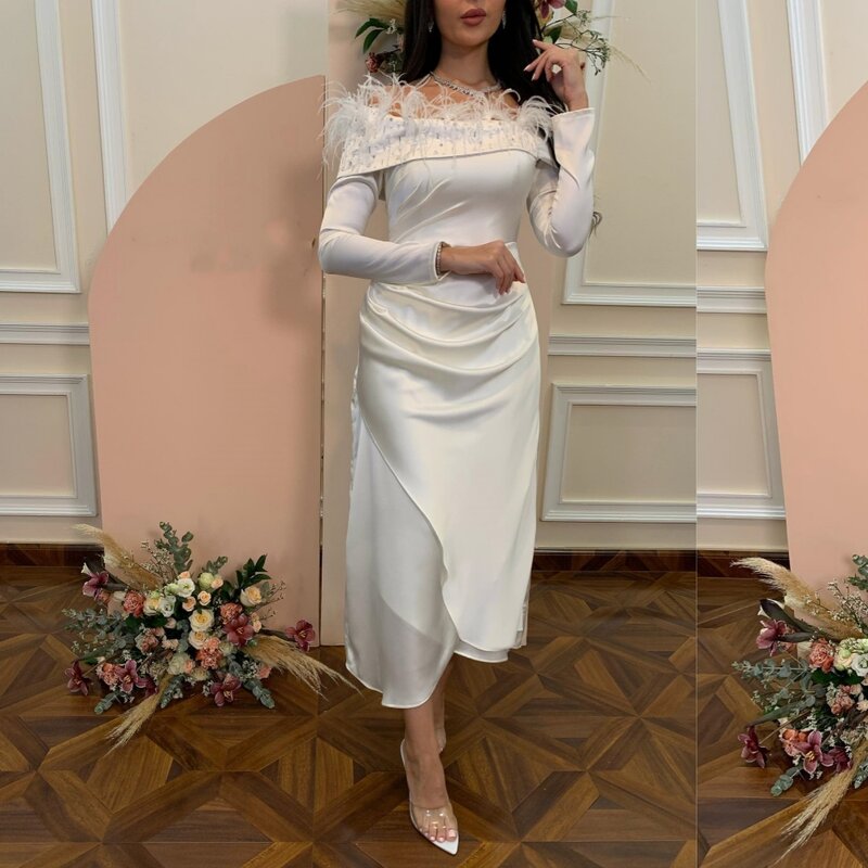 فستان ساتان مكشوف الكتفين بالخرز ، فساتين متوسطة الطول على شكل حرف A ، حفل زفاف ، مناسبة مخصصة