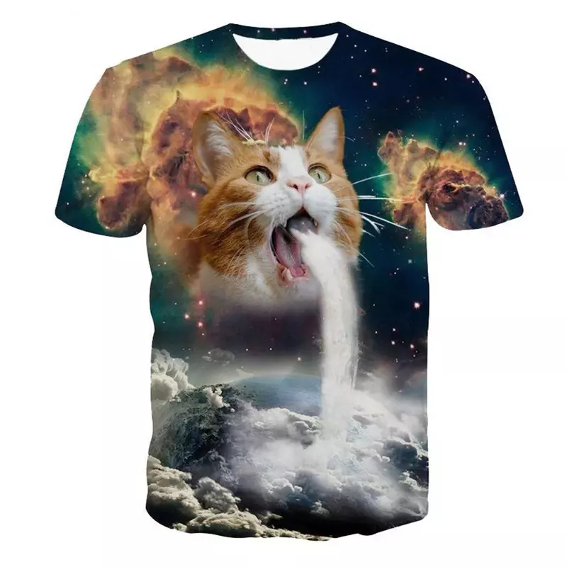 Fun Cat 3D Printing O Collar T-shirt Casual Short-sleeved Oversized Pullover Fashion Trend Street Wear Men and Women Can Wear