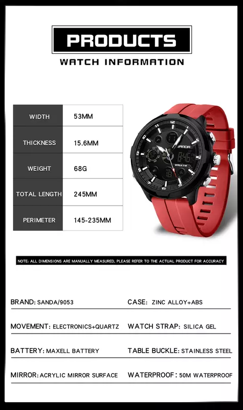 Sanda 9053 New Electronic Men's Watch Fashion and Casual Korean Edition Waterproof Night Glow Multifunctional Watch