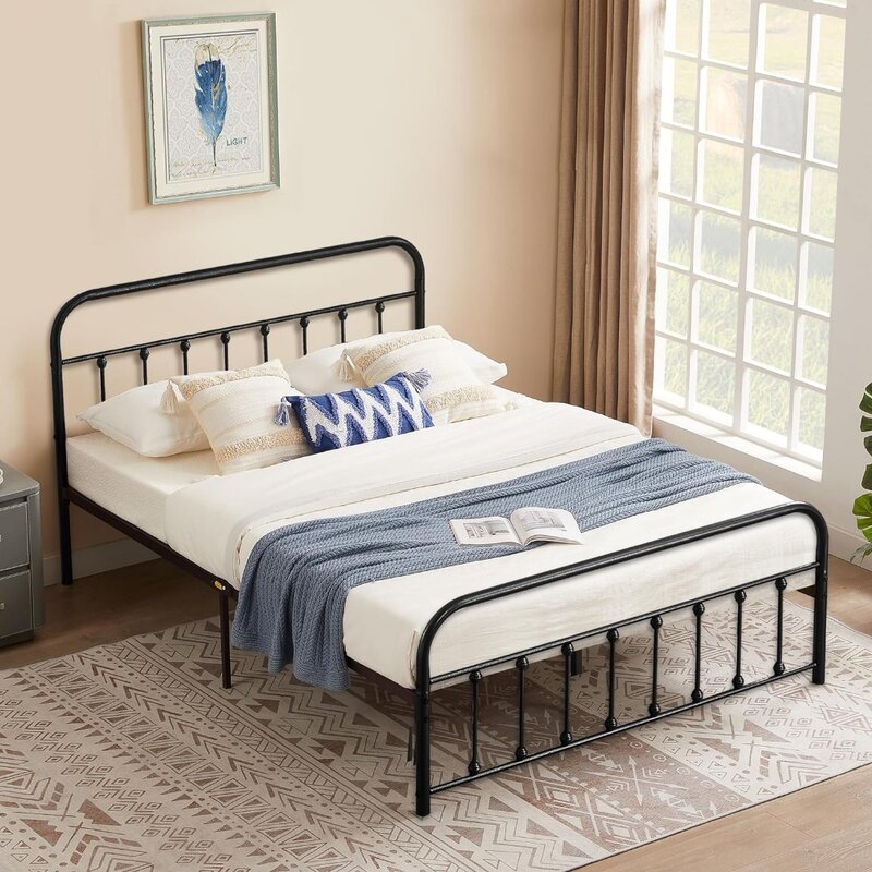 Czarna metalowa rama łóżka w pełnym rozmiarze z zabytkowym zagłówkiem i podnóżkiem, bez sprężyny skrzynowej, stabilna stalowa listwa Premium