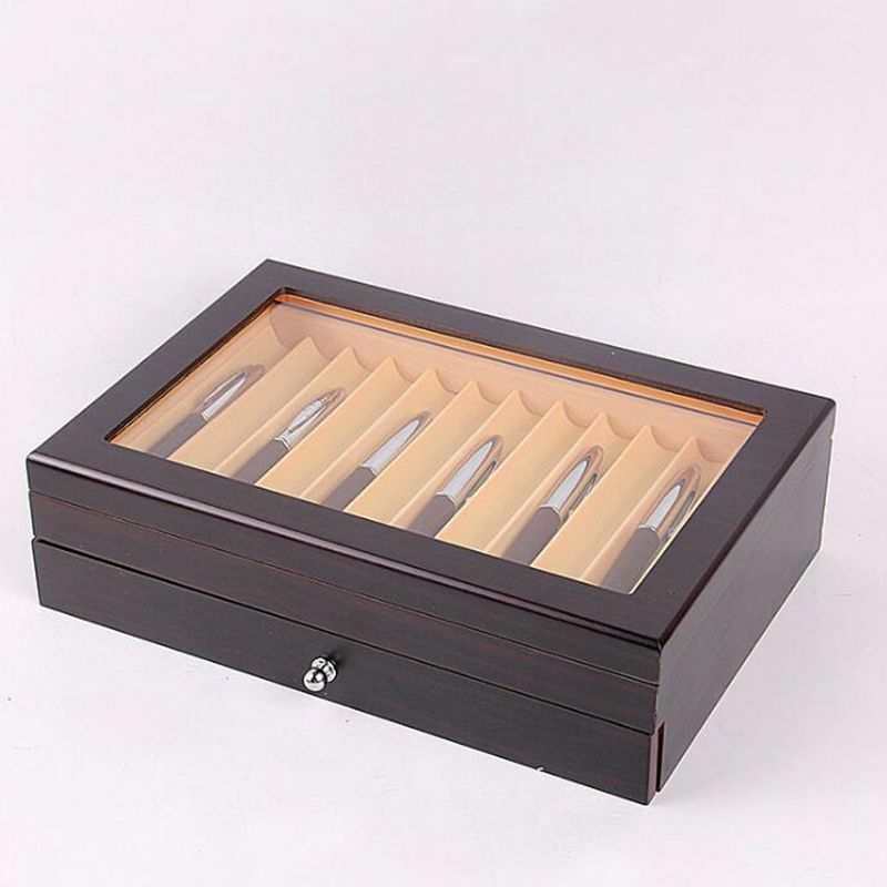 Estuche de almacenamiento de exhibición de pluma de madera negra/burdeos, caja organizadora de colector de pluma estilográfica con ventana transparente, 23 bolígrafos de capacidad