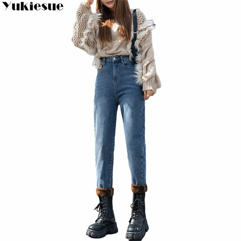 Женские зимние утепленные повседневные брюки с высокой талией, бархатные шаровары, модные теплые свободные уличные джинсы в Корейском стиле