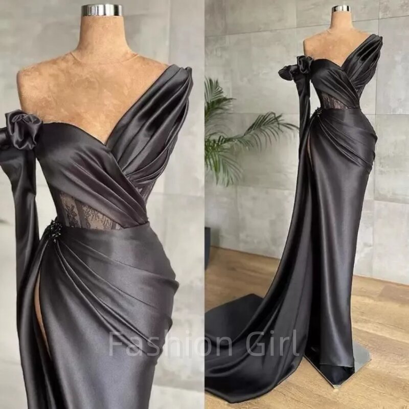 Charming Black Sheath Evening Dresses One Shoulder Satin Prom Party Gowns Women Sexy Side Split Long Special Occasion Dress