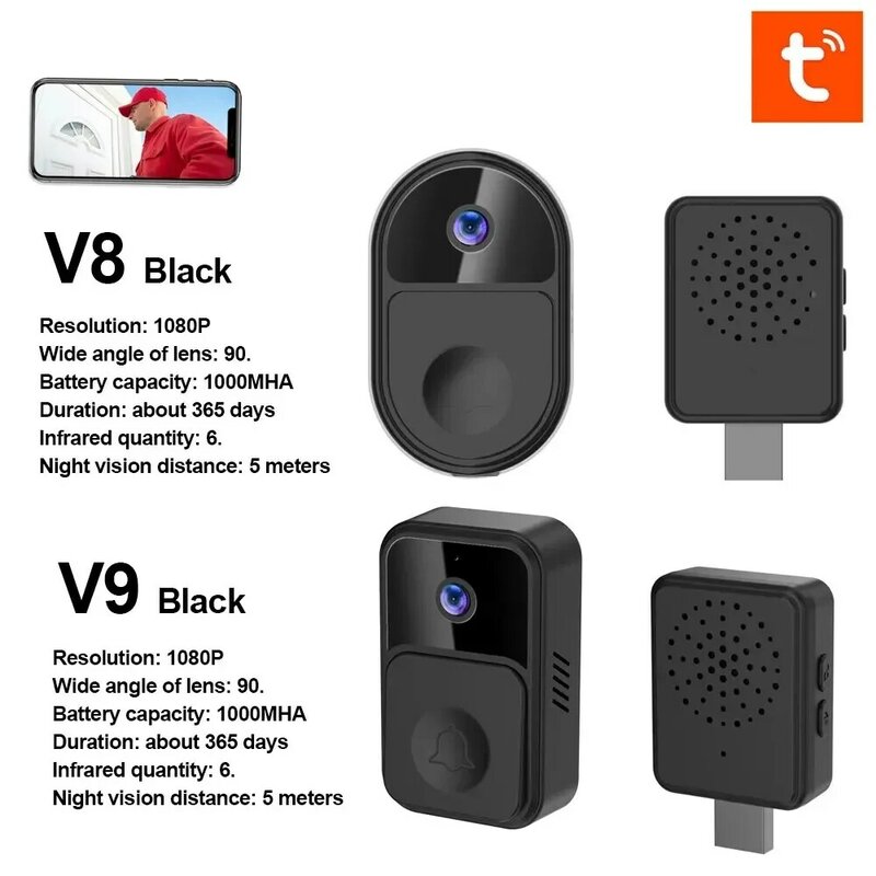 Tuya Visual V9 Doorbell Intelligent Wifi Outdoor Remote Intercom Monitoring Ip65 Waterproof Mobile Phone Camera Hd Night Vision