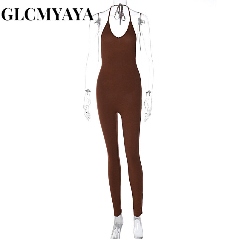 GLCMYAYA Women Streetwear Backless U-neck Lace-up Slim Romper 2023 Summer Fashion Solid Sleeveless Straight Barrel Jumpsuits