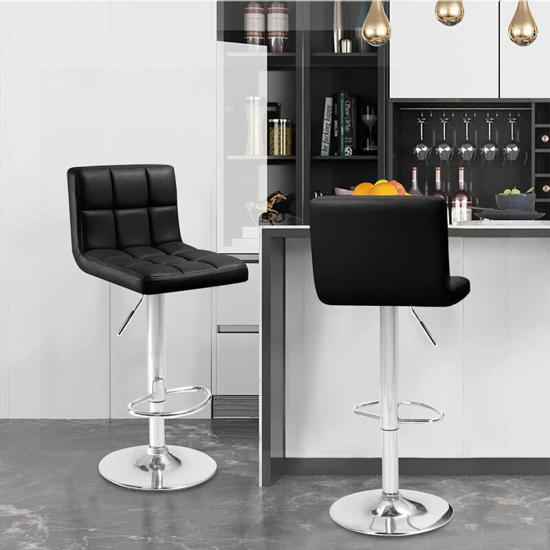 Bar Stools Modern Square Counter Height Barstool 22" to 33" PU Leather Swivel Adjustable Stool with Back Set of