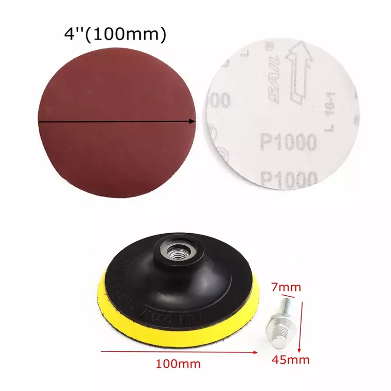 Lixa de disco Lixa com Backer Pad, Adaptador de broca para limpeza, Ferramentas abrasivos, 1000 Grit, 100mm, 10Pcs