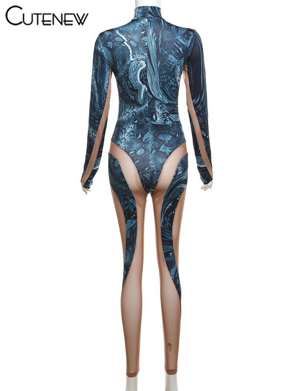 Cutenew сетчатые комбинезоны в стиле пэчворк, новинка 2024, потрясающие прозрачные шикарные комбинезоны с принтом и длинным рукавом, женская одежда