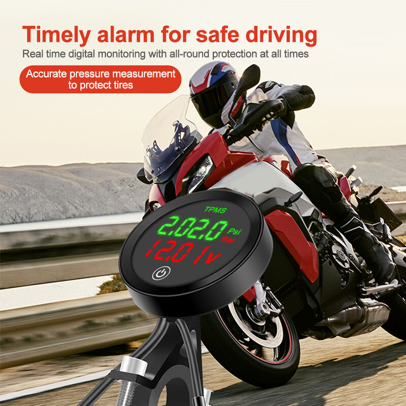 Motocicleta sem fio pneu pressão monitoramento sistema, moto pneu calibre, alarme sensor kit, carregamento USB para telefones celulares