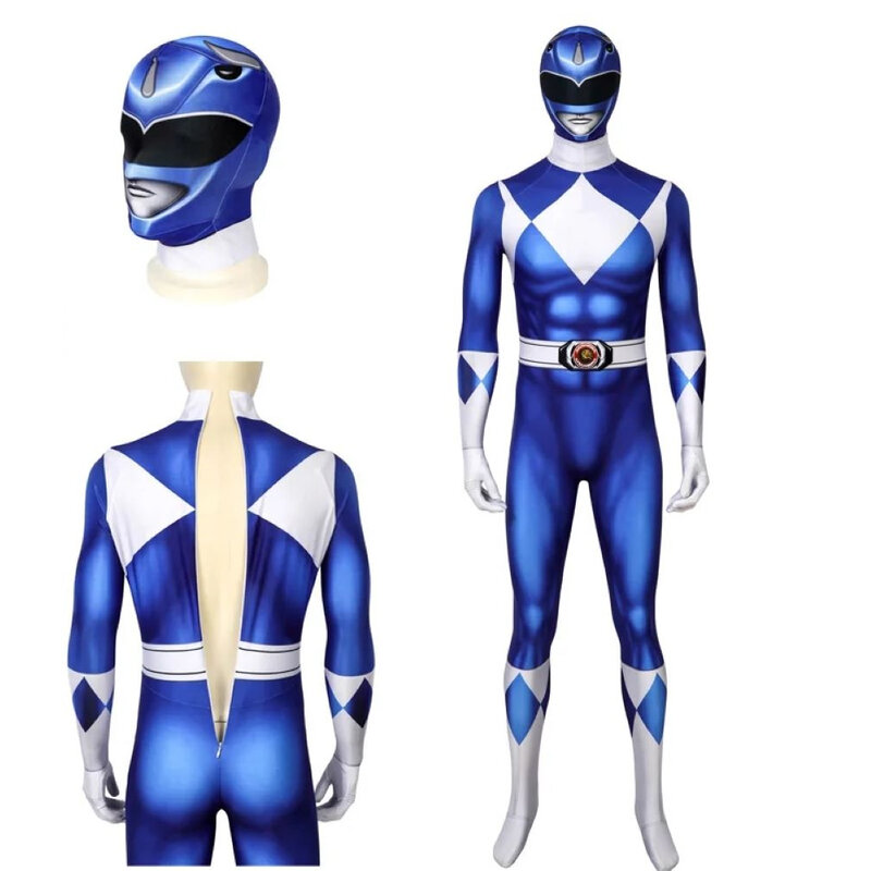 Halloween Carnival Role-Playing Superhero Blue Ranger Adult High-Quality Jumpsuit With Hat Ranger Zentai 3D Printed Jumpsuit