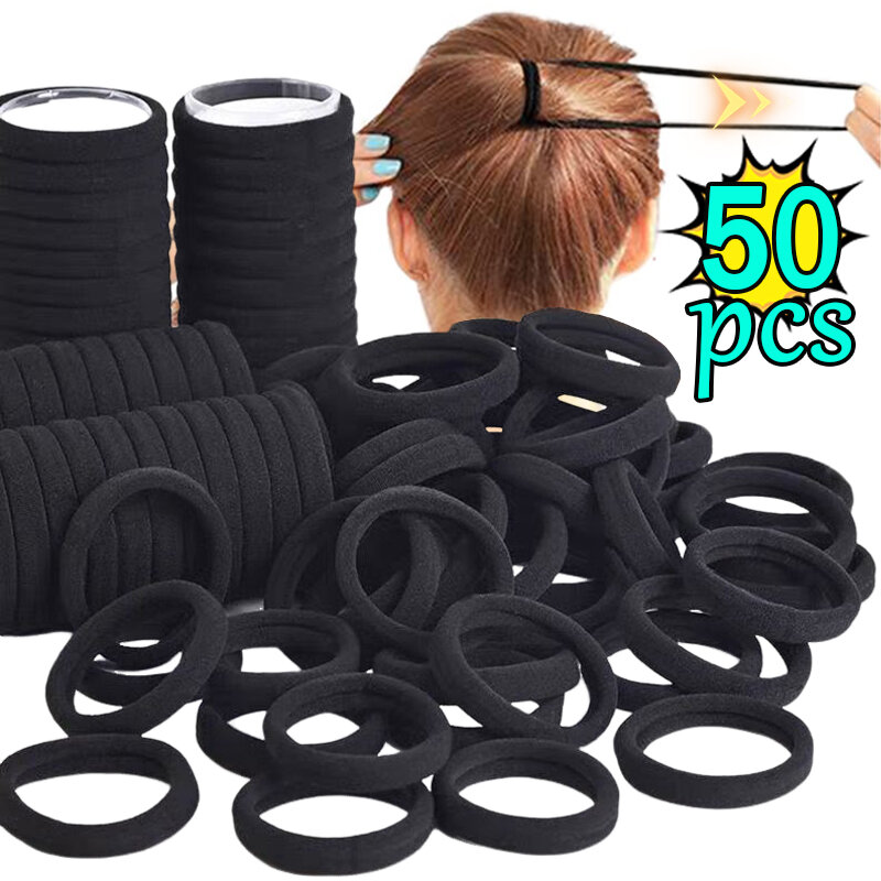 50 buah ikat rambut kain hitam elastis tinggi untuk wanita anak perempuan ikat rambut karet gelang rambut ikat ekor kuda aksesoris Scrunchies