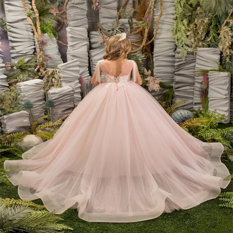 Elegante Roze Tule Gezwollen Applique Kwastjes Bloemenmeisjesjurk Voor Bruiloft Prinses Kinderen Verjaardagsfeestje Eerste Communie Baljurken