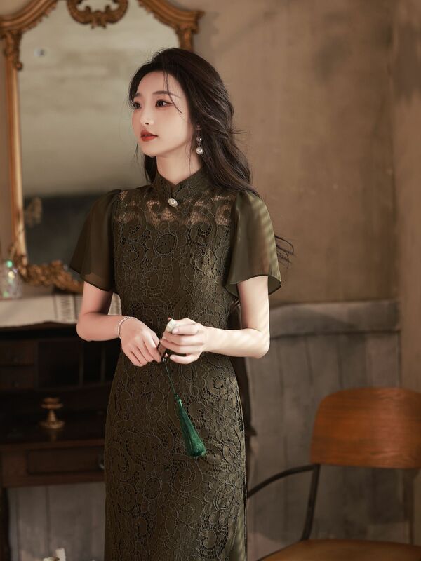 Китайский традиционный элегантный Улучшенный чёрный кружевной Ципао, летний винтажный женский Чонсам с коротким рукавом