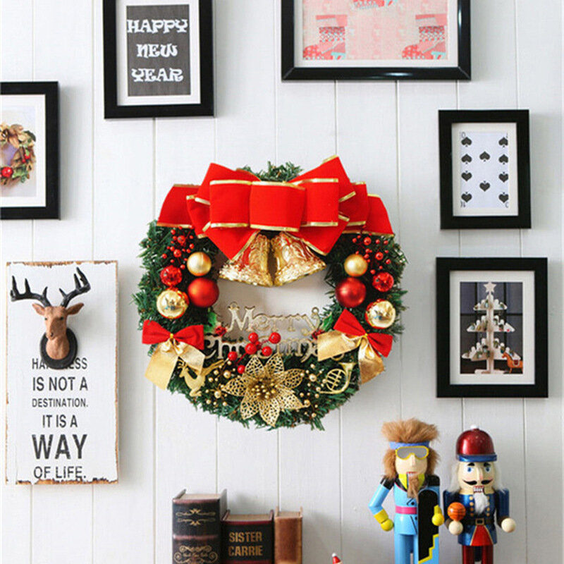 30/40/50/60cm Christmas Door Hanging Bell Bow Tie Wreath Decoration Window Display Props Hotel Shopping Mall Scene Layout Gifts