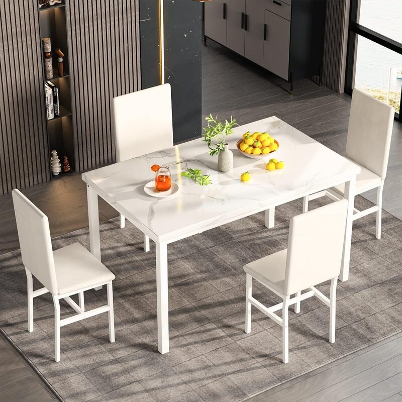 Esstisch für 4, 5-teiliges Marmor-Esstisch set mit 4 Kunstleder-Metallrahmen stühlen für Küche, Bar, Wohnzimmer