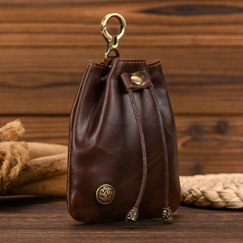 حقيبة عملات معدنية صغيرة مصنوعة يدويًا من الجلد للرجال والنساء ، محفظة مفاتيح عتيقة ، بطاقة بمشبك قصير للإناث ، حقيبة حافظة مفاتيح