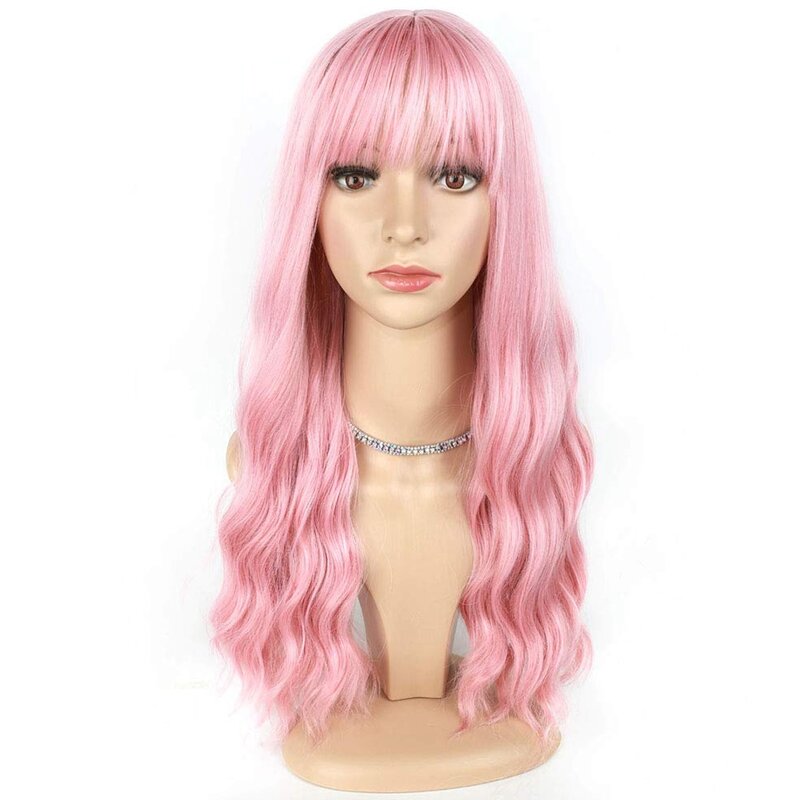 Peluca rosa con flequillo, peluca ondulada larga con flequillo de aire, sedosa, completa, resistente al calor, reemplazo de cabello, aspecto Natural