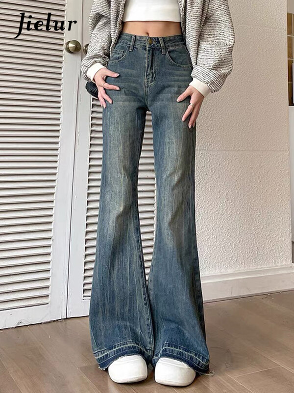 Jielur Модные облегающие повседневные винтажные синие женские джинсы зимние шикарные офисные женские брюки-клеш в американском стиле с карманами