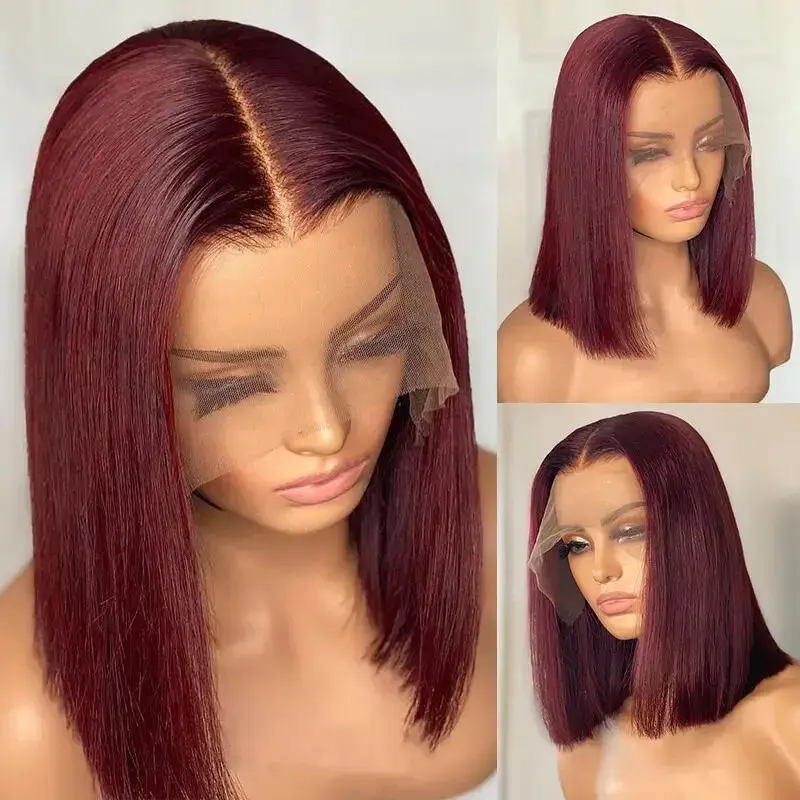 Peluca de cabello humano sintético para mujer negra, pelo corto Bob 13x4 99J, Color rojo oscuro Borgoña, Frontal completo, corte Romo, hueso recto