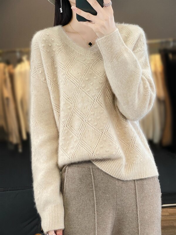 Aliselect Fashion 100% Merino Wool Top Women Knitted Sweater V-Neck Long Sleeve Pullover Spring Autumn Clothing Hollow Pattern