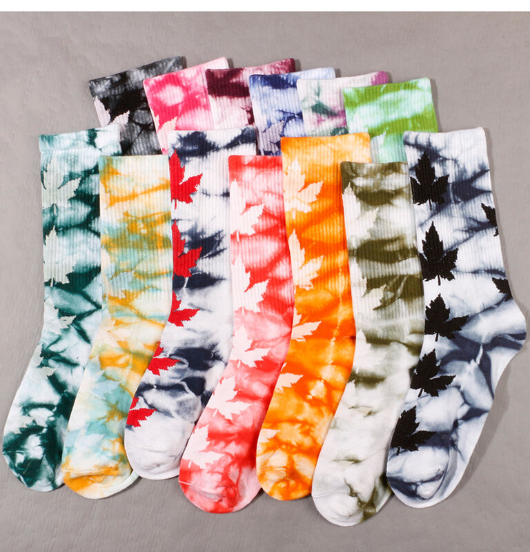 New men's and women's tide socks INS street basketball socks tie-dye maple leaf trend sports socks