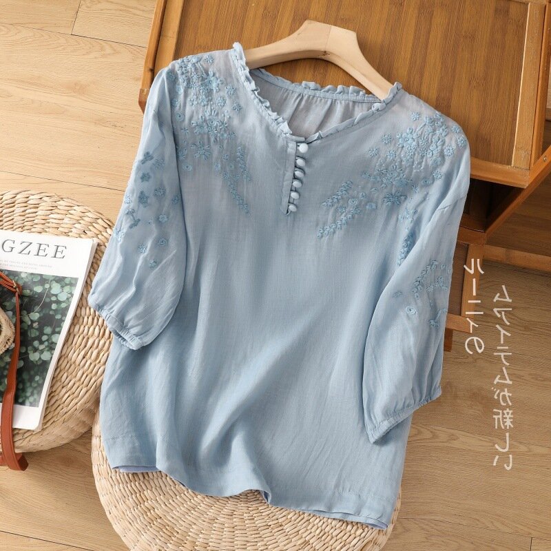 Summer Vintage Shirts Elegant OL Work Blouse Women 3/4 O Neck Loose Sleeve Tops Embroidery Blusas Femme Causal Cotton Chemsie