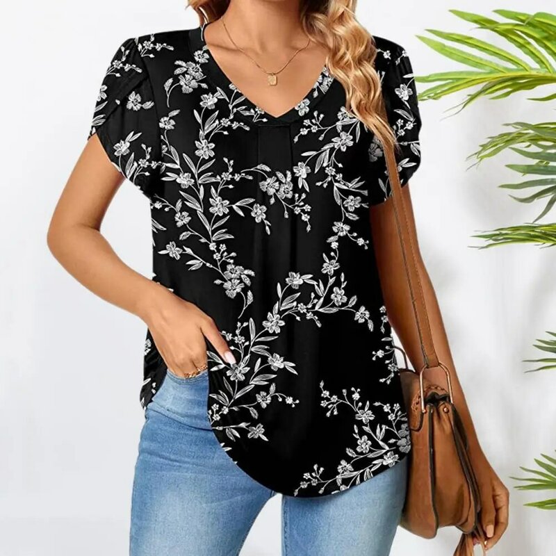 Breathable Top Floral Printed V-neck Summer T-shirt Casual Loose Fit Petal Top Women's Streetwear Pullover Short for Women