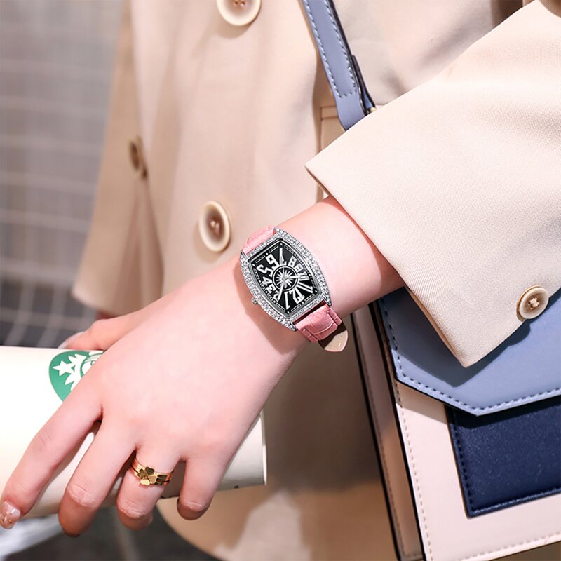 빈티지 여성 시계 가죽 벨트 다이아몬드-박힌 와인 배럴 패션 석영 손목 시계, 캐주얼면 처리된 시계
