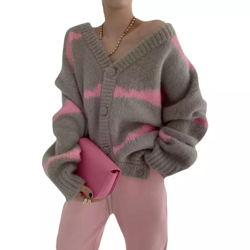 Suéteres listrados soltos para mulheres, gola v, manga comprida, cardigã de tricô, tops coreanos, roupas femininas, 2021, 2023