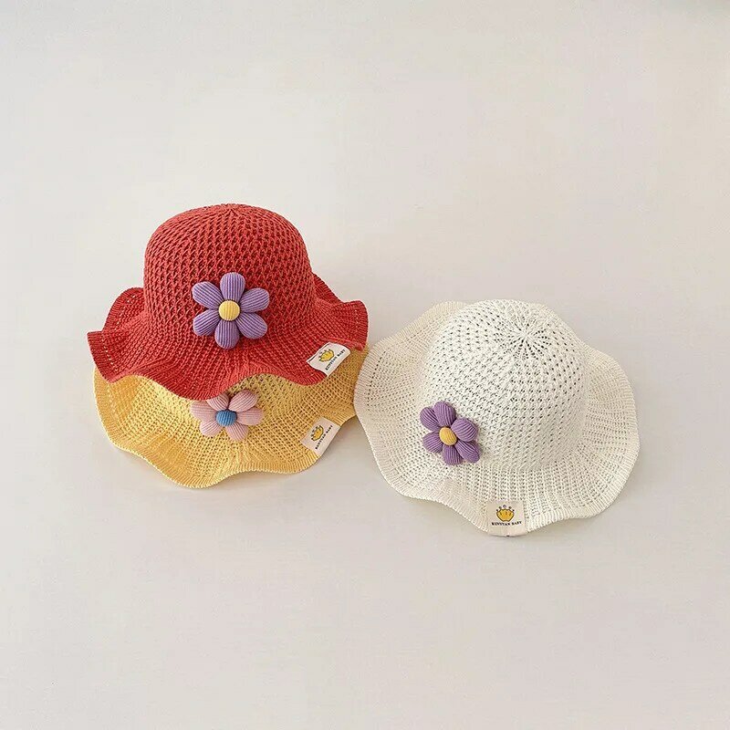 子供用の通気性のある花の帽子,子供用の麦わら帽子,素敵なバイザー,単色,ニット,夏のビーチ