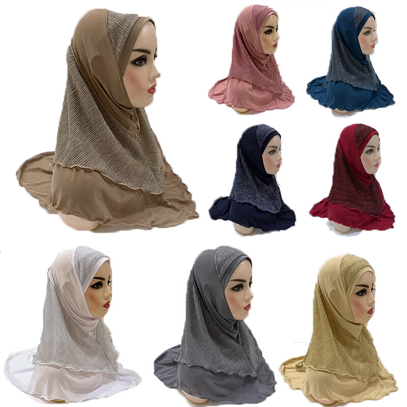 Hijab Patchwork di alta qualità ragazze adulto medio musulmano Amira Hijab con strati di rete Lurex Pull Up sciarpa islamica Hijab scialle cappello
