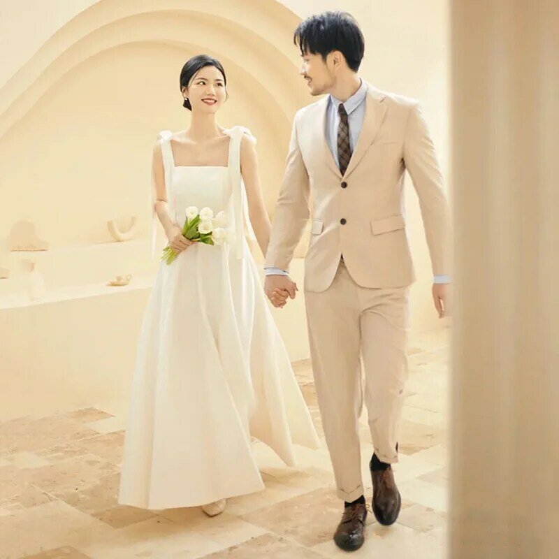 Gaun pernikahan Korea tali Spaghetti pita manis gaun pernikahan Satin lembut untuk wanita sederhana kerah persegi gaun pengantin