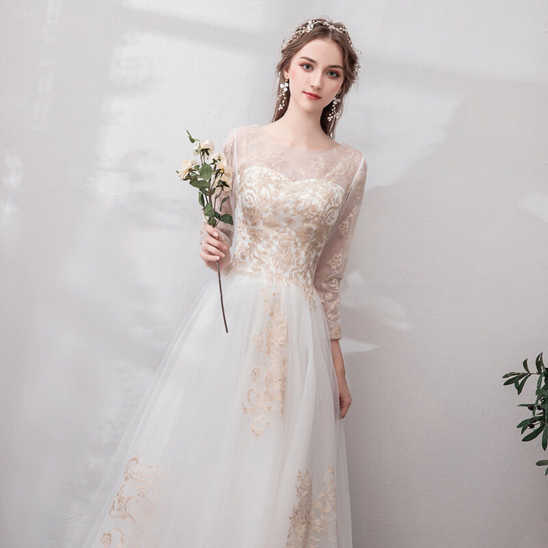 Simples andar de comprimento vestido de casamento fino, manga comprida, MK1496-Simple