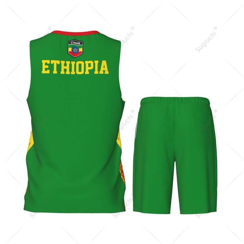 Ethiopian Flag Grain Basketball Jersey Set, camisa e calças para equipe, sem mangas Nome personalizado, Nunber Exclusivo