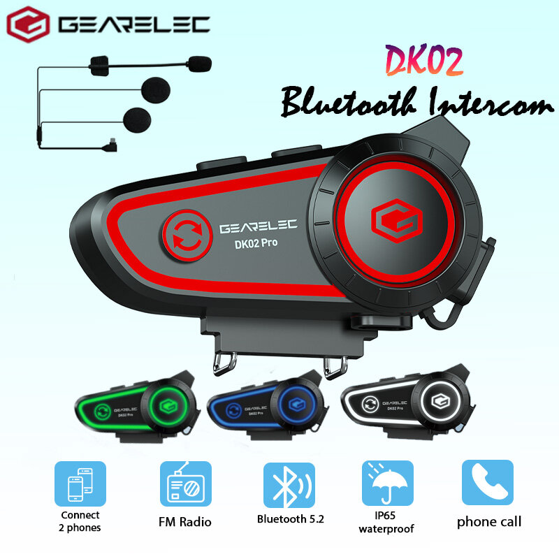 Gearleec-オートバイのヘルメット用の防水ヘッドセット,ワイヤレス通信システム,Bluetooth 5.2, 2人のモーターサイクリストのグループ用のipx7,dk02 Pro
