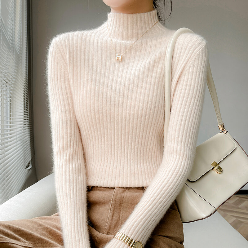Pull demi-cou en laine Pure pour femme, tricot avec chemise portée à l'intérieur, nouvelle collection automne et hiver, 100%