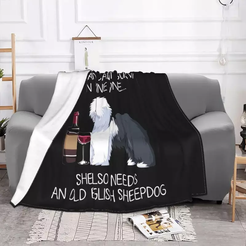 Old English Sheepdog And Wine Funny Dog Blanket Soft Flannel Fleece Warm Pet Puppy Lover Throw Blankets for Office Bedroom Quilt