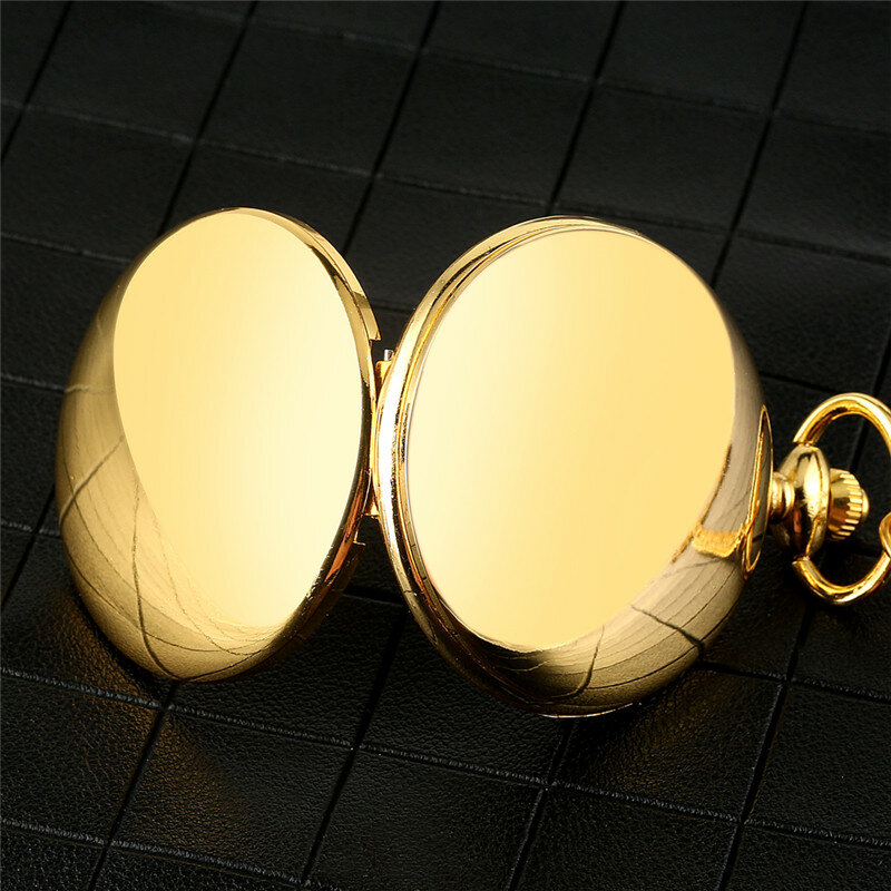 Luxury Yellow Gold/black Smooth Case Clock Men Women Pendant Pocket Watch Quartz Movement Analog Display Necklace Fob Chain