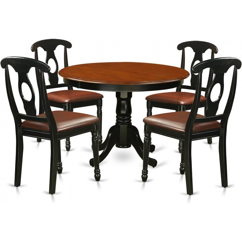 East West Möbel HLKE5-BCH-LC 5 Stück Küchentisch & Stühle Set umfasst einen runden Esstisch mit Sockel und 4 f