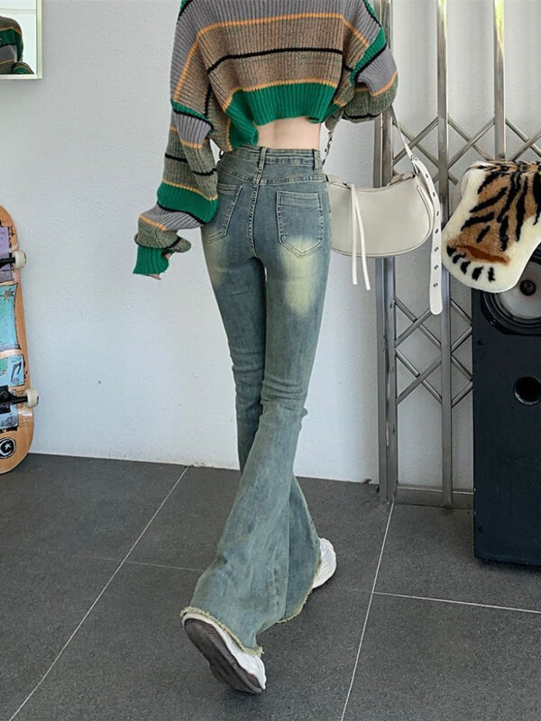 Flare Jeans Women Skinny High Waist Aesthetic Y2k Clothes Denim Trousers Vintage Washed Retro Mopping Korean Fashion Street New