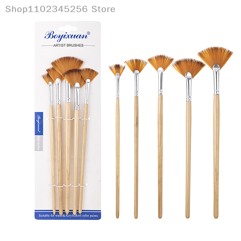5 Wooden Eco-friendly Two-color Nylon Hair Student DIY Painting Sets Gouache Oil Painting Fan Pens
