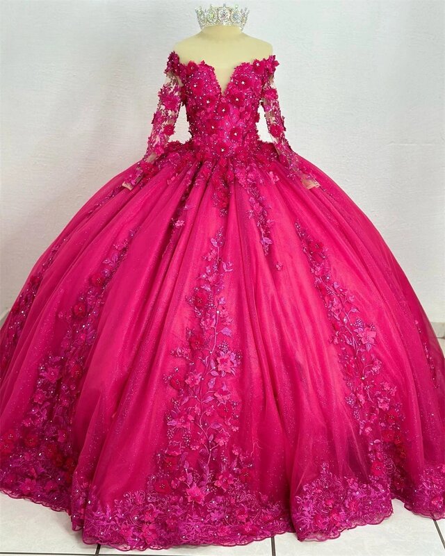 Fuchsia Princess Quinceanera Dresses Ball Gown Long Sleeves Appliques Beaded Sweet 16 Dresses 15 Años Mexican