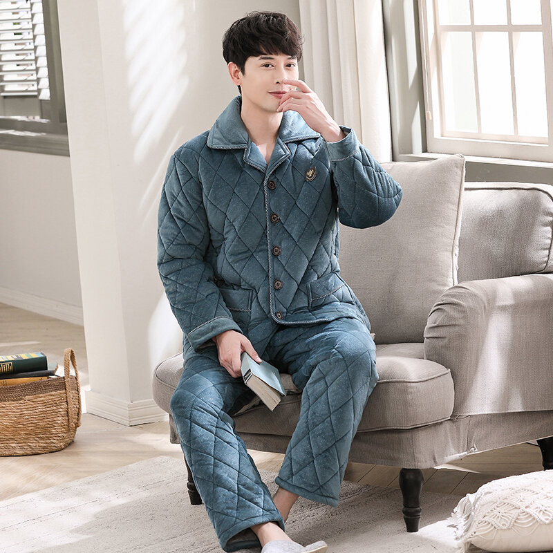 Winter 3 Layers Quilted Pajamas Warm Men Thick Flannel Pajama Sets Coral Fleece Sleepwear Suits Men Casual Home Clothes Pijamas