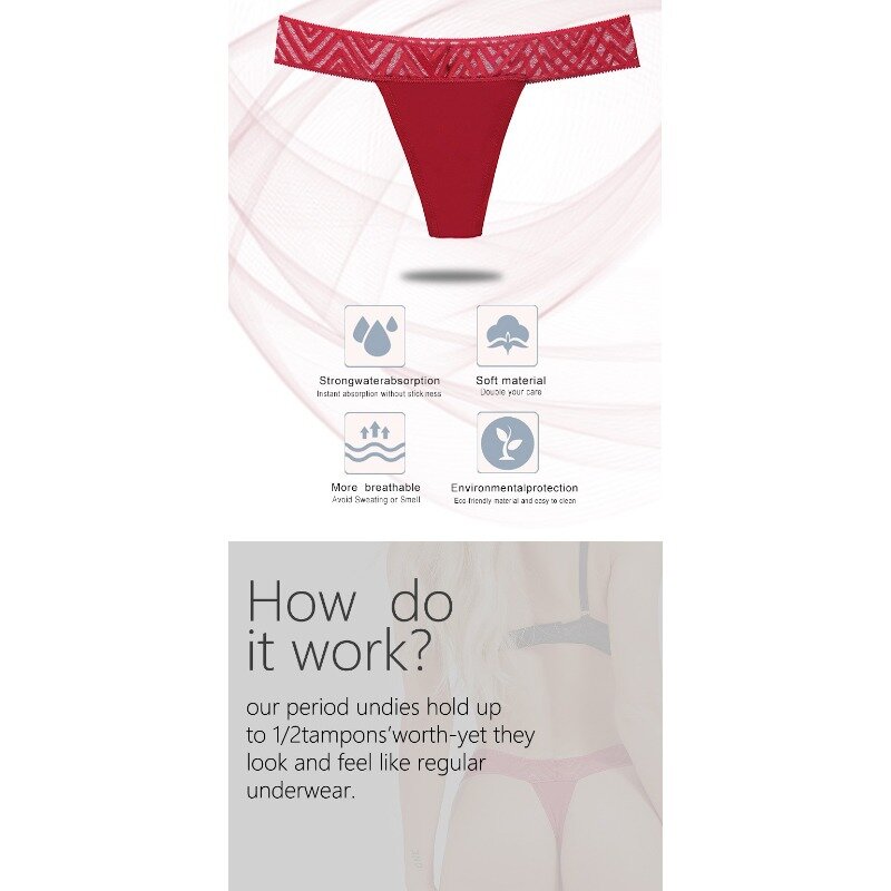 Plus Size 4 Layer Period Underwear Women T Line Menstrual Sanitary Pants Sexy Transparent Lace