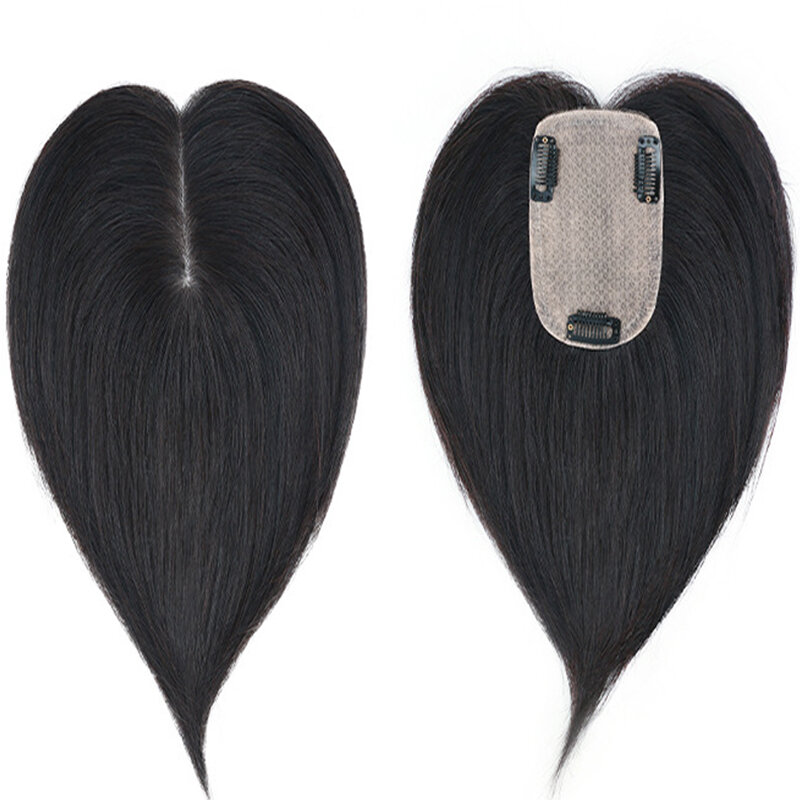 Natural preto cabelo humano topper para mulheres, base de seda, respirável, 4 clipes, cabelo virgem malaio, 5 "x 7", fino hairpiece